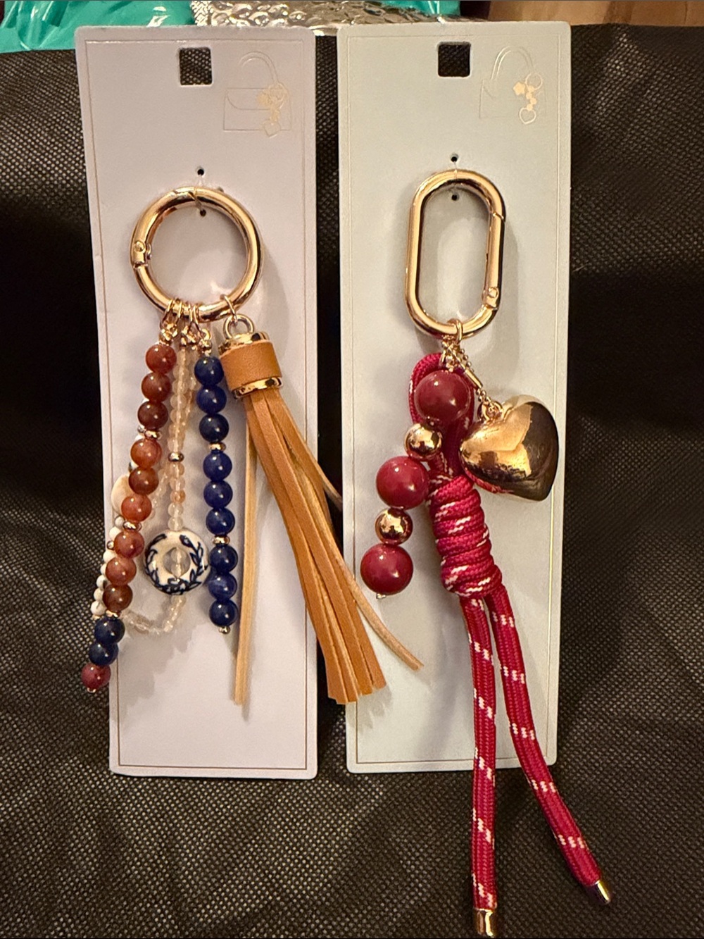 Beaded Tassel Key & Card Holder Set - Brown, Blue & Red